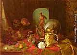 Famous Art Paintings - A Still Life with Fruit, Objets d'Art and a White Rose on a Table